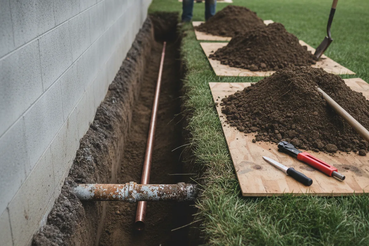 Excavated water line trench during Water Softener Installation in Arco